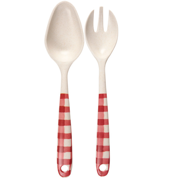 Set of 2 Red & White Gingham Print Serving Utensils - Fork & Spoon - Cottage Collection from Primitives by Kathy