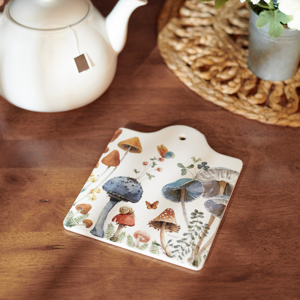 Decorative Stoneware Trivet Tray - Mushroom Study & Butterflies 6.5 In x 7.75 In from Primitives by Kathy