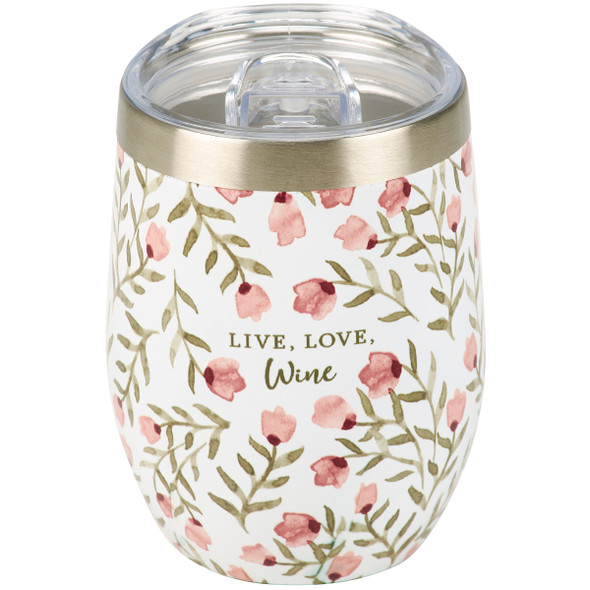 Stainless Steel Wine Tumbler Thermos - Live Love Wine Wine 12 Oz - Floral Print Design from Primitives by Kathy