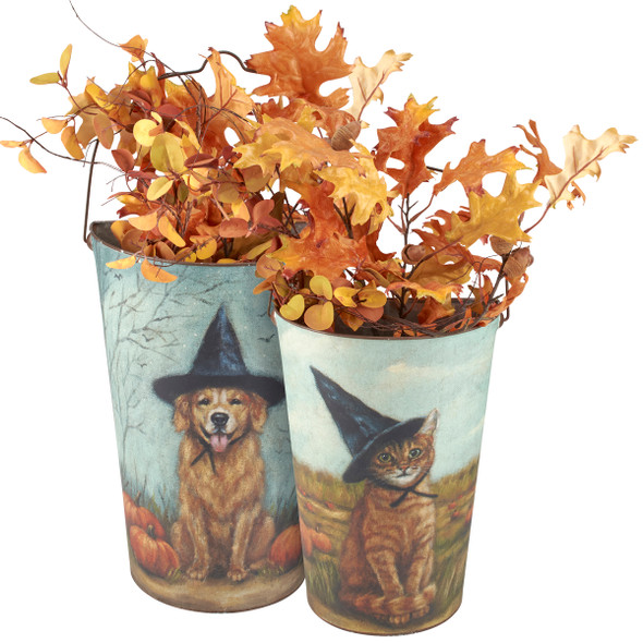 Set of 2 Metal Hanging Wall Buckets Décor - Cat & Dog In Witch Hat from Primitives by Kathy
