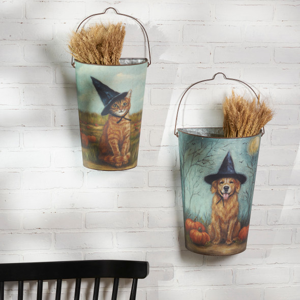 Set of 2 Metal Hanging Wall Buckets Décor - Cat & Dog In Witch Hat from Primitives by Kathy