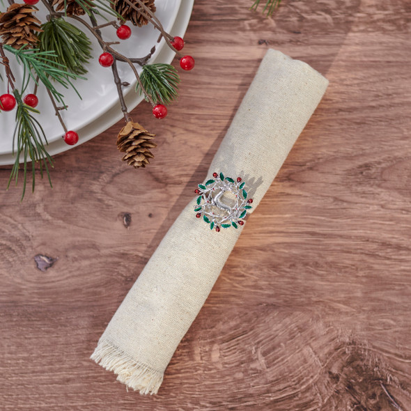 Set of 4 Metal Napkin Rings - Vintage Reindeer & Holly Berries Design 1.75 Inch - Christmas Collection from Primitives by Kathy