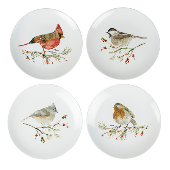 Set of 4 Decorative Ceramic Plates - Various Winter Birds 8.5 In Diameter from Primitives by Kathy