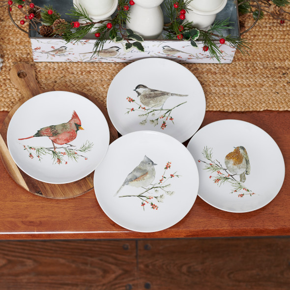 Set of 4 Decorative Ceramic Plates - Various Winter Birds 8.5 In Diameter from Primitives by Kathy