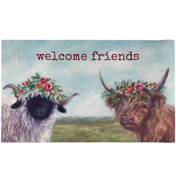 Decorative Entryway Door Mat Area Rug - Welcome Friends - Highland Cow & Farm Sheep With Floral Crown 34x20 from Primitives by Kathy