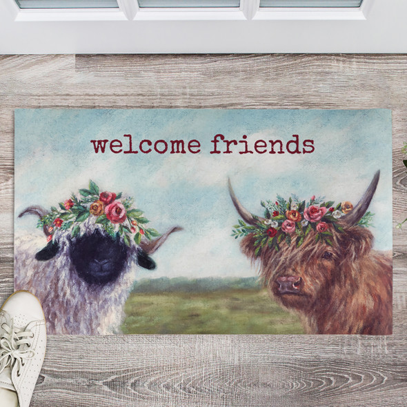 Decorative Entryway Door Mat Area Rug - Welcome Friends - Highland Cow & Farm Sheep With Floral Crown 34x20 from Primitives by Kathy