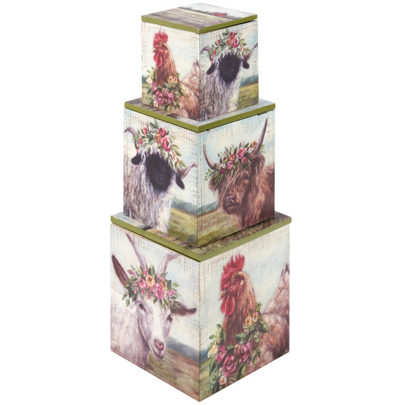 Set of 3 Decorative Wooden Hinged Boxes - Farmhouse Animals With Floral Crown from Primitives by Kathy