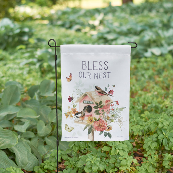 Double Sided Polyester Garden Flag - Bless Our Nest - Chickadee Birdhouse 12x18 from Primitives by Kathy