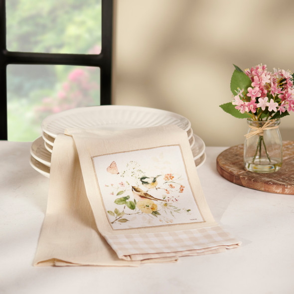 Cotton Kitchen Dish Towel - Chickadee Birds & Spring Flowers 18x28 from Primitives by Kathy