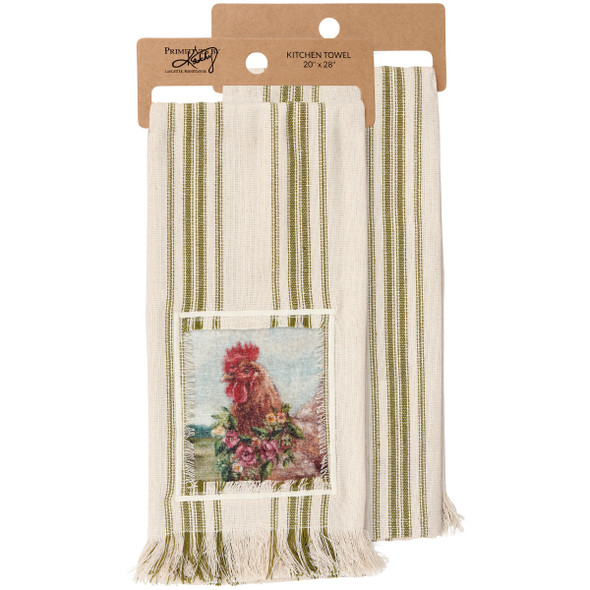 Cotton Kitchen Dish Towel - Farmhouse Chicken With Floral Wreath 20x28 from Primitives by Kathy