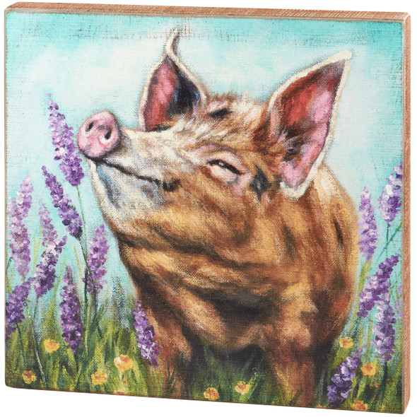 Decorative Wooden Box Sign Wall Decor - Farmhouse Pig In Lavender Flower Field 16x16 from Primitives by Kathy