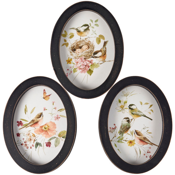 Set of 3 Decorative Oval Wooden Wall Art Decor - Chickadees & Spring Flowers 6x8 from Primitives by Kathy