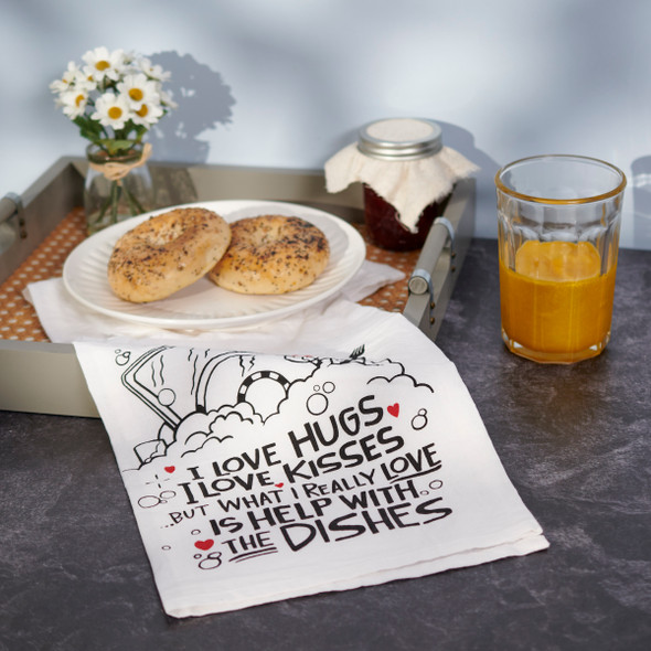 Cotton Kitchen Dish Towel - I Love Hugs Kisses & Help With Dishes 28x28 from Primitives by Kathy