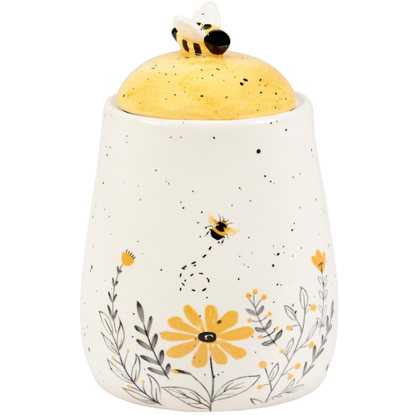 Decorative Ceramic Sugar Bowl - Bumblebee & Flowers Design 4.75 Inch from Primitives by Kathy