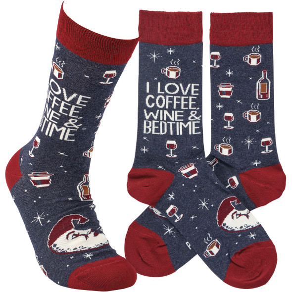 Colorfully Printed Cotton Novelty Socks - Coffee Wine & Bedtime from Primitives by Kathy