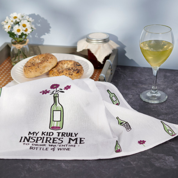 Wine Lover Cotton Kitchen Dish Towel - My Kid Inspires Me To Drink The Entire Bottle 28x28 from Primitives by Kathy