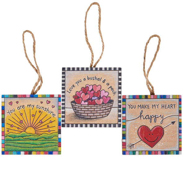 Set of 3 Wooden Woodburn Art Hanging Ornaments - Love Themed- Valentine's Collection from Primitives by Kathy