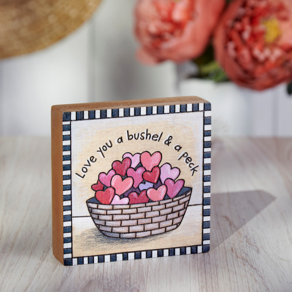 Decorative Wooden Block Sign - Love You A Bushel & A Peck - Bowl Of Hearts 4x4 from Primitives by Kathy