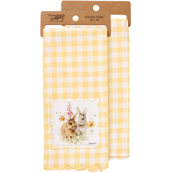 Cotton Kitchen Dish Towel - Bunny Rabbits & Spring Flowers 18x28 from Primitives by Kathy