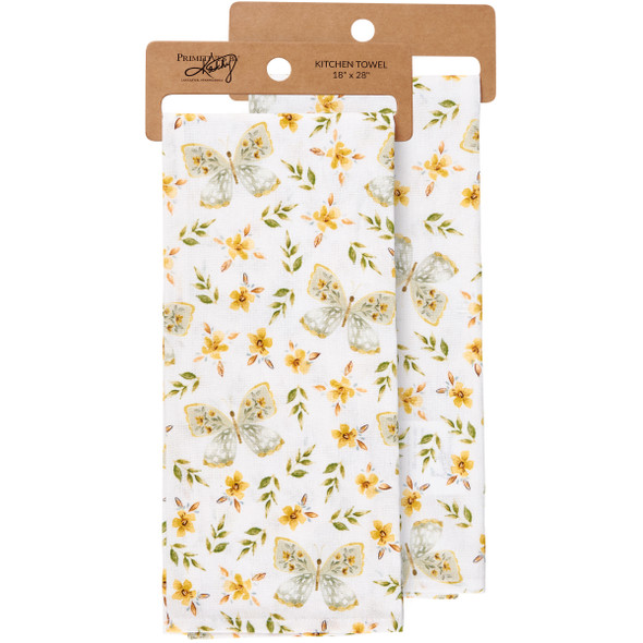 Cotton Kitchen Dish Towel - Yellow Butterflies & Spring Flowers 18x28 from Primitives by Kathy