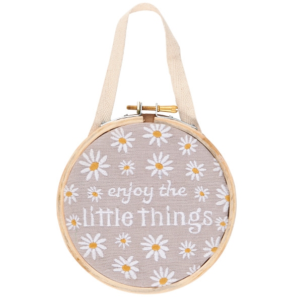 Decorative Round Cotton & Wood Hanging Decor Sign - Enjoy The Little Things - Daisy Flower Design 5 Inch from Primitives by Kathy