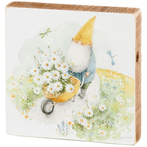 Decorative Wooden Block Sign - Watercolor Gnome With Daisy Flower Wheelbarrow 5x5 from Primitives by Kathy