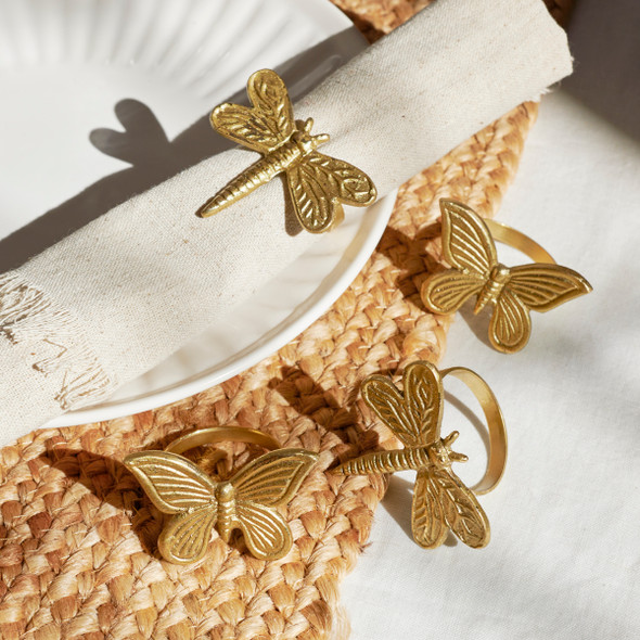 Set of 4 Gold Colored Metal Napkin Rings - Dragonflies & Butterflies Set from Primitives by Kathy