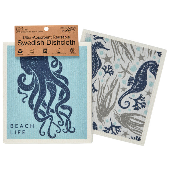 Set of 2 Swedish Dishcloths - Beach Life Octopus & Seahorses from Primitives by Kathy