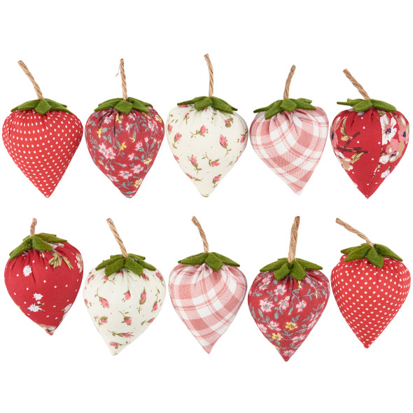 Set of 10 Cotton Fabric Strawberries In Basket - Various Patterns from Primitives by Kathy