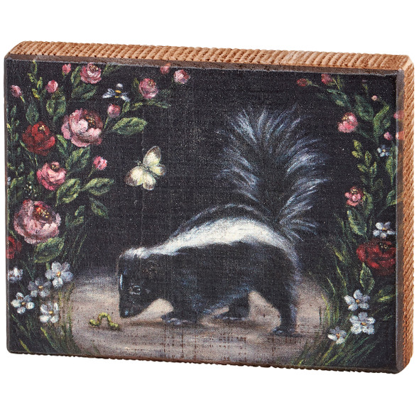Decorative Wooden Block Sign Decor -  Woodland Skunk & Spring Flowers 6.5 Inch from Primitives by Kathy