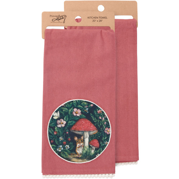 Pink Stitched Art Cotton Kitchen Dish Towel - Woodland Mouse & Mushrooms 20x28 from Primitives by Kathy