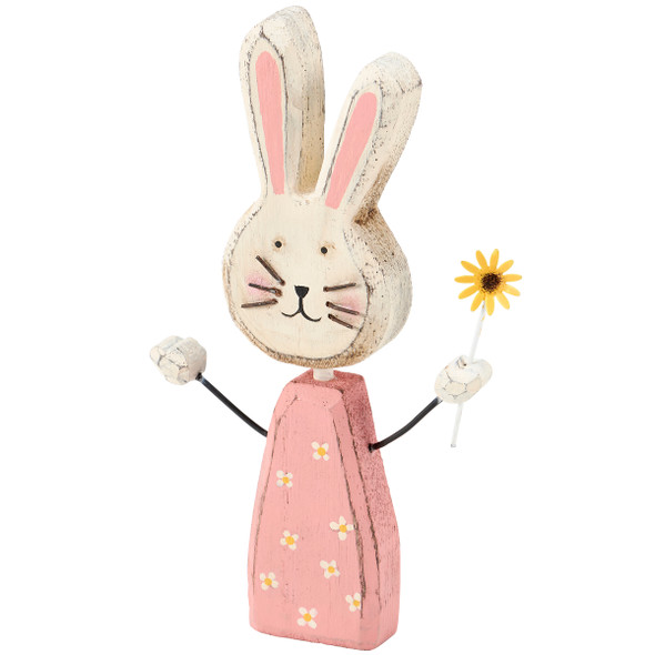 Decorative Wooden Bunny Rabbit Figurine In Pink Dress Holding Daisy 3x6 from Primitives by Kathy