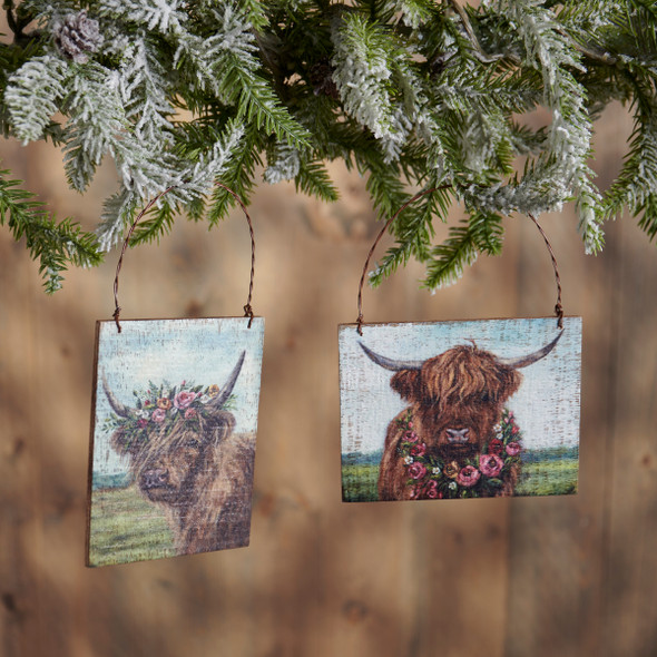 Set of 2 Hanging Wooden Ornaments - Farmland Highland Cow & Spring Flower Wreath from Primitives by Kathy