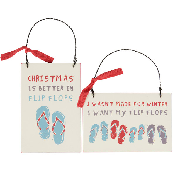 Set of 2 Hanging Wooden Christmas Tree Ornaments - Flip Flops Beach Collection from Primitives by Kathy