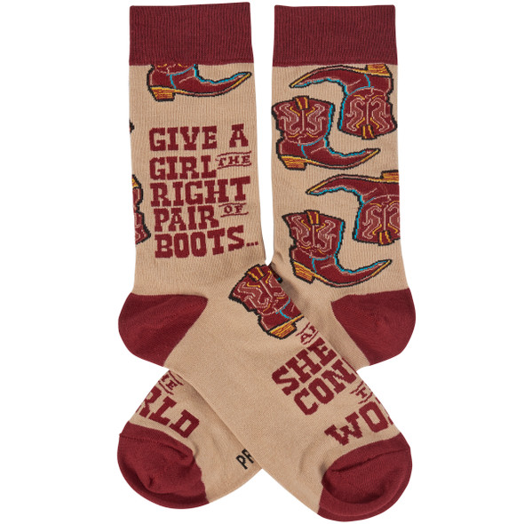 Colorfully Printed Cotton Novelty Socks - Give A Girl The Right Pair Of Boots - Conquer - Western Collection from Primitives by Kathy