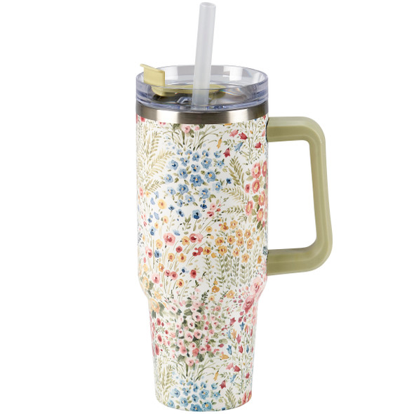 Large Stainless Steel Beverage Travel Mug Thermos With Straw - Mixed Floral Design 40 Oz from Primitives by Kathy