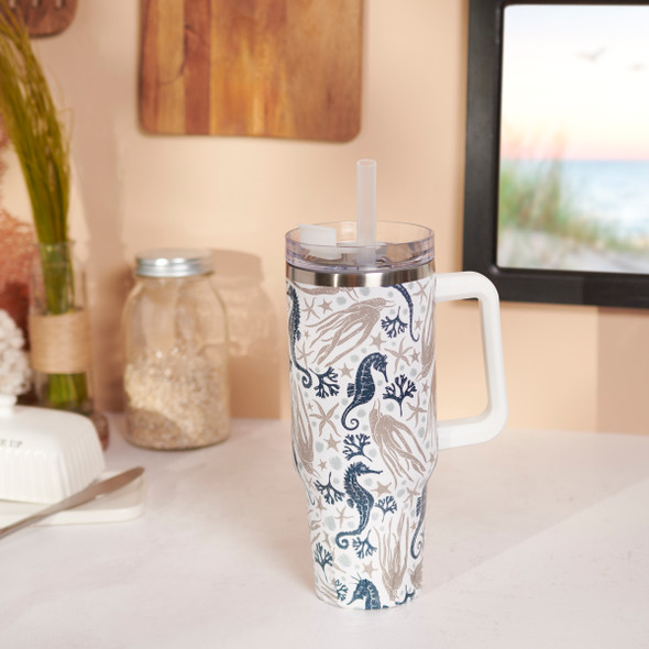 Large Stainless Steel Travel Mug Thermos With Likd - Sea Creatures 40 Oz - Beach Collection from Primitives by Kathy