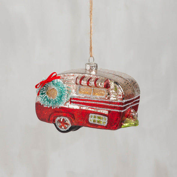 Red Camper Hanging Glass Christmas Ornament 4.5 Inch from Primitives by Kathy