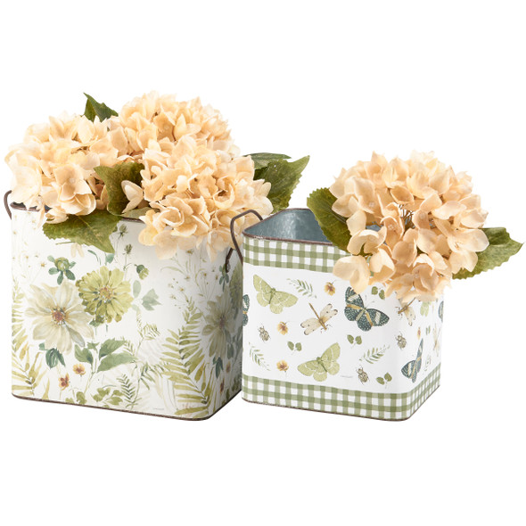 Set of 2 Decorative Galvanized Metal Bins - Green Florals & Butterflies from Primitives by Kathy
