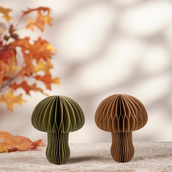 Set of 2 Decorative Paper Honeycomb Mushroom Figurines - Brown & Green 4.75 Inch from Primitives by Kathy