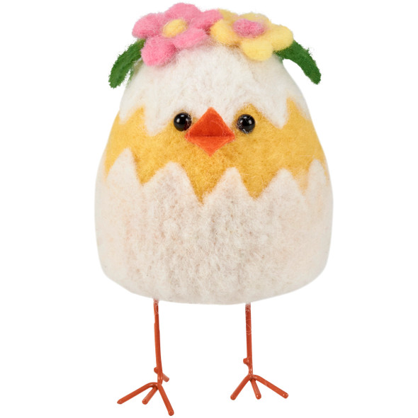 Felt Floral Chick Figurine Peeking From Eggshell - Spring Flower Top 4.75 Inch from Primitives by Kathy