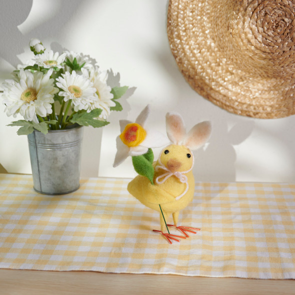 Felt Yellow Spring Chick Figurine Wearing Bunny Ears Holding Flower - 5.25 Inch from Primitives by Kathy