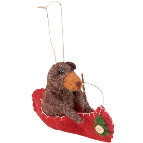 Felt Bear Riding In Canoe Hanging Ornament Figurine 6.75 Inch - Lake & Cabin Collection from Primitives by Kathy