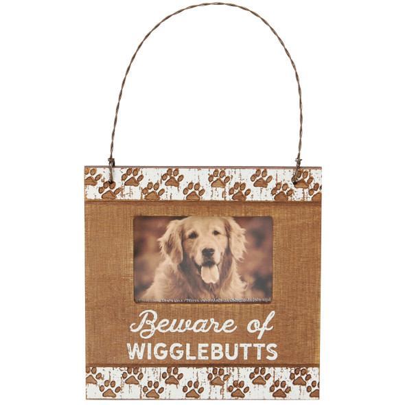 Dog Lover Small Wooden Hanging Photo Picture Frame - Beware of Wigglebutts (Holds 3x2 Photo) from Primitives by Kathy