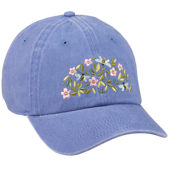 Periwinkle Adjustable Cotton Baseball Cap - Choose Joy - Flower & Bumblebee Design from Primitives by Kathy