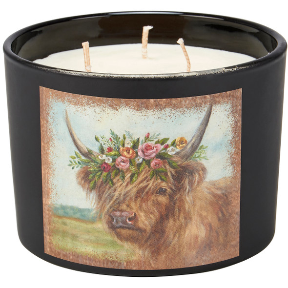 Double Sided 3 Wick Jar Candle - Highland Cow With Spring Floral Crown - Lavender Scent - 14 Oz from Primitives by Kathy