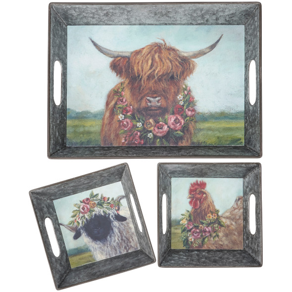 Set of 3 Decorative Galvanized Metal Trays - Farm Animals Wearing Spring Floral Crowns from Primitives by Kathy