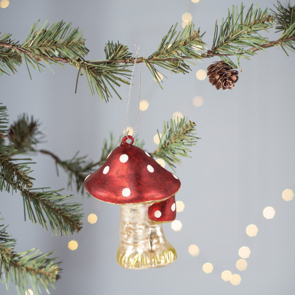 Decorative Hanging Glass Red Mushrooms Ornament 5 Inch from Primitives by Kathy