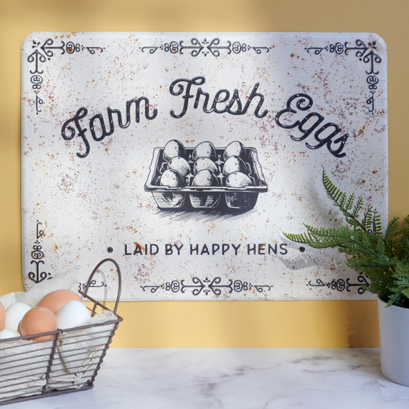 Rustic Themed Decorative Metal Wall Decor Sign -Farm Fresh Eggs Laid By Happy Hens 18.5 In x 13.5 In from Primitives by Kathy