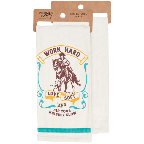 Cotton & Velvet Kitchen Dish Towel - Cowboy Themed Work Hard - Sip Your Whiskey Slow 18x28 from Primitives by Kathy